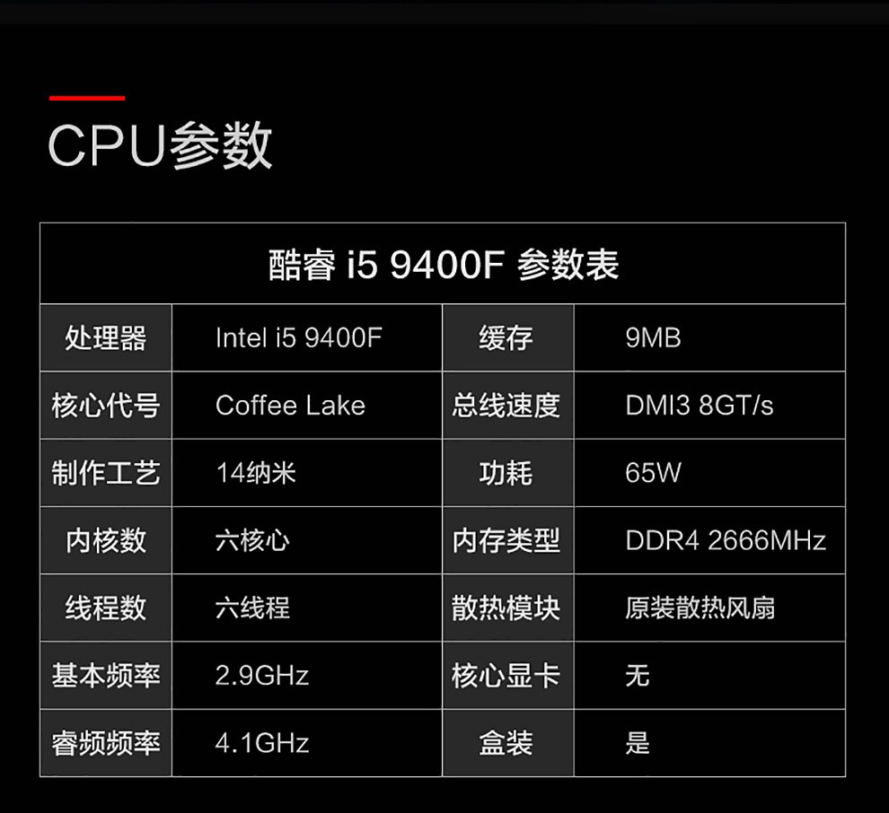 intel九代六核六线程酷睿i59400f盒装cpu处理器
